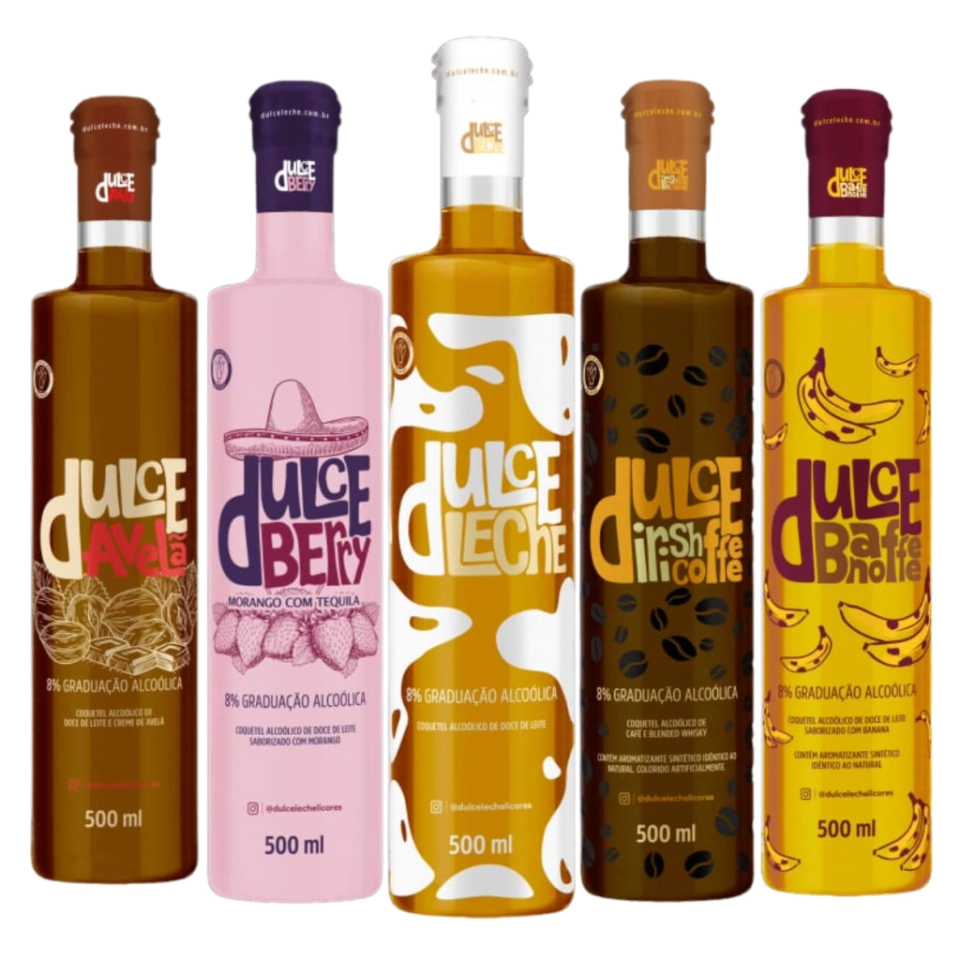 Kit Dulce ( 1 Leche 500 ml ) + ( 1 Avelã 500 ml ) + ( 1 Berry 500 ml ) + ( 1 Banoffee 500 ml ) + ( 1 Irish Coffee 500 ml ) 