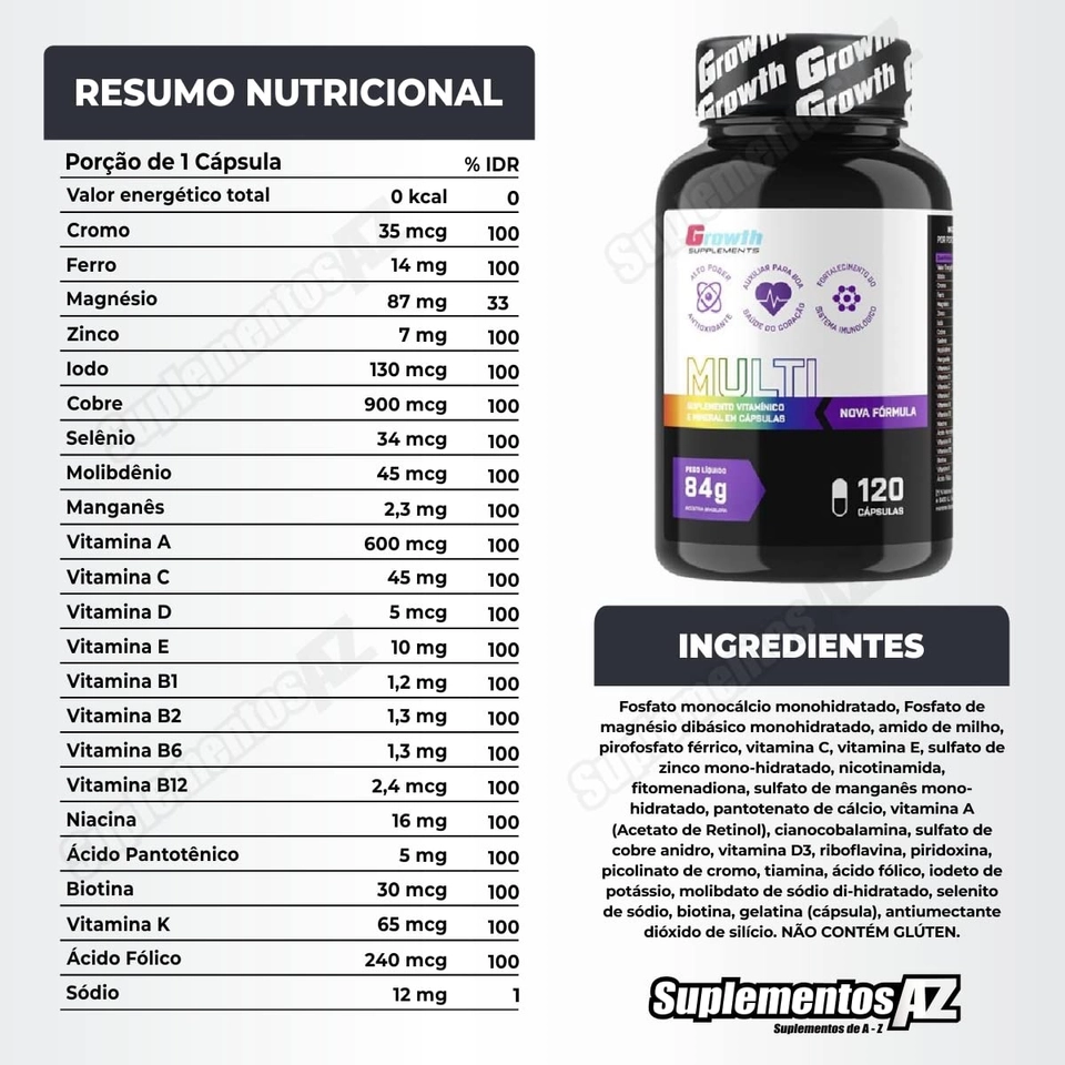 MULTIVITAMÍNICO (120 CÁPS) (NOVA FÓRMULA) - GROWTH SUPPLEMENTS - imagem 2