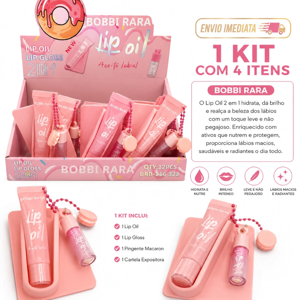Kit Lip Oil  Lip Gloss 2 em 1 Bobbi Rara – 4 Itens Cartela Adesiva 3M - imagem 5