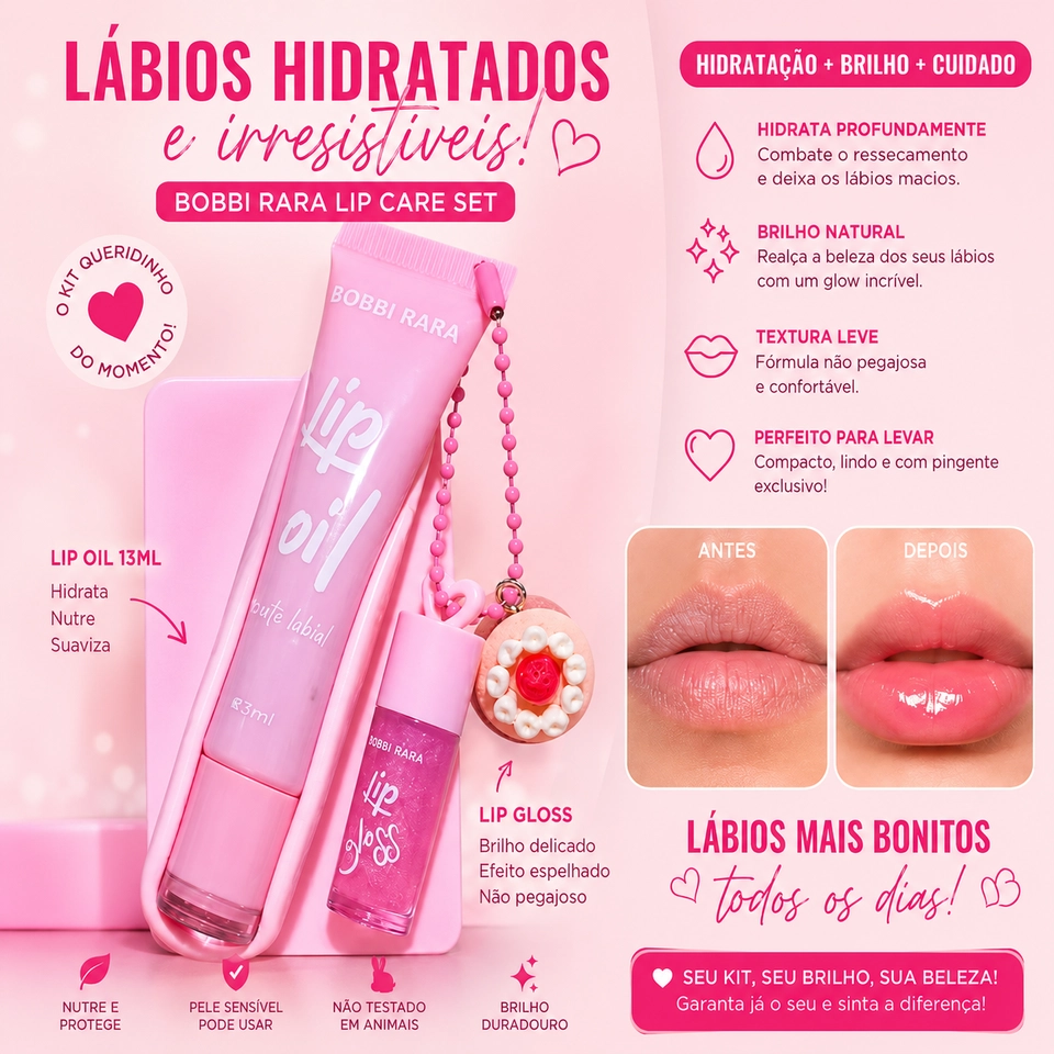 Kit Lip Oil  Lip Gloss 2 em 1 Bobbi Rara – 4 Itens Cartela Adesiva 3M - imagem 2