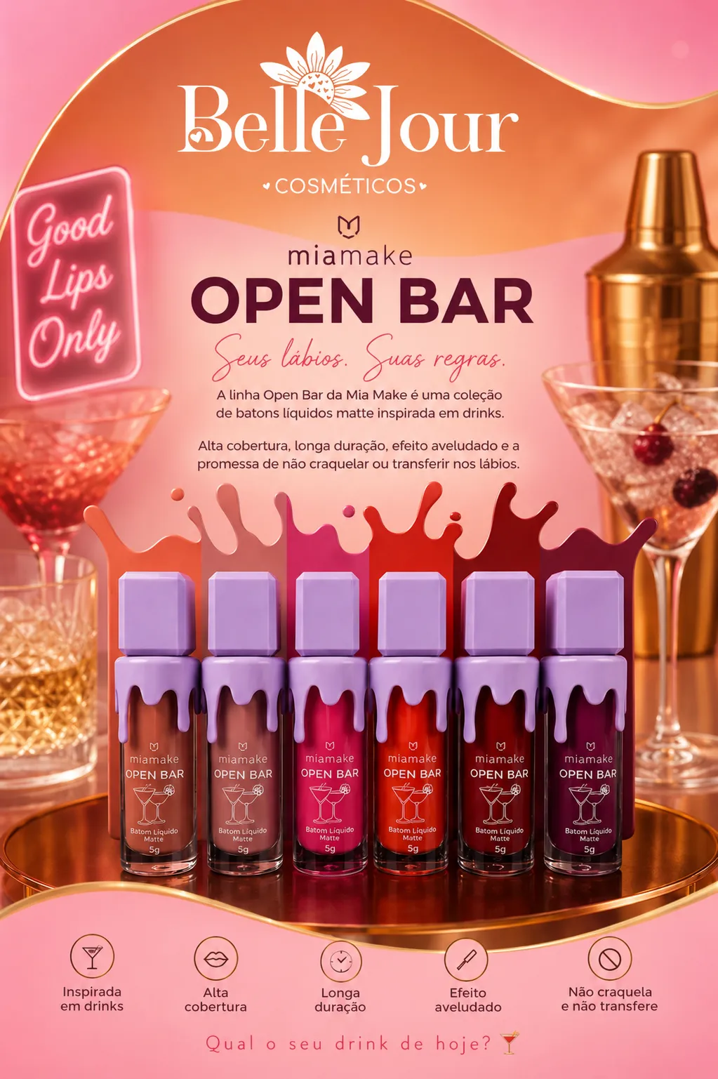 Kit 6 Batom Líquido Matte Open Bar Mia Make - 1