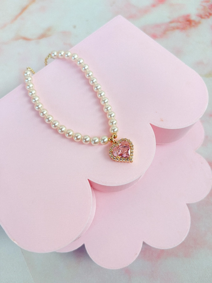 Pulseira pérola coração rosa - biju - 1