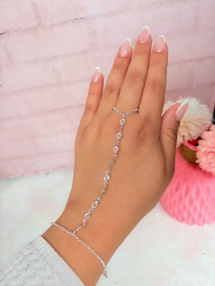 Pulseira hand chain cristais - prata  - 1