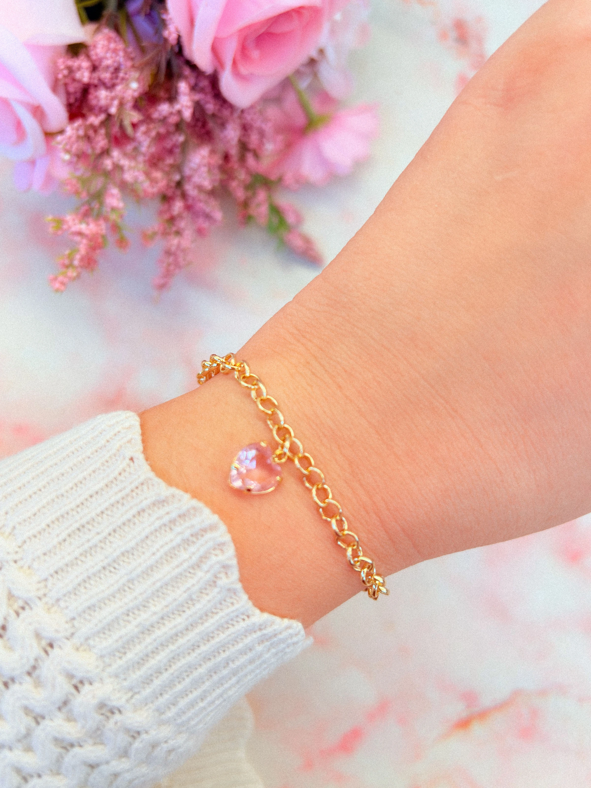 Pulseira elo português coração rosa  - 1