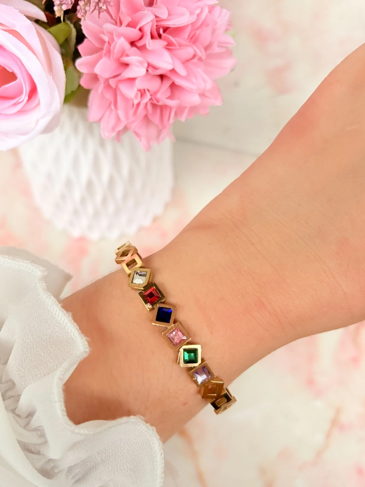 Bracelete pedras coloridas - aço 