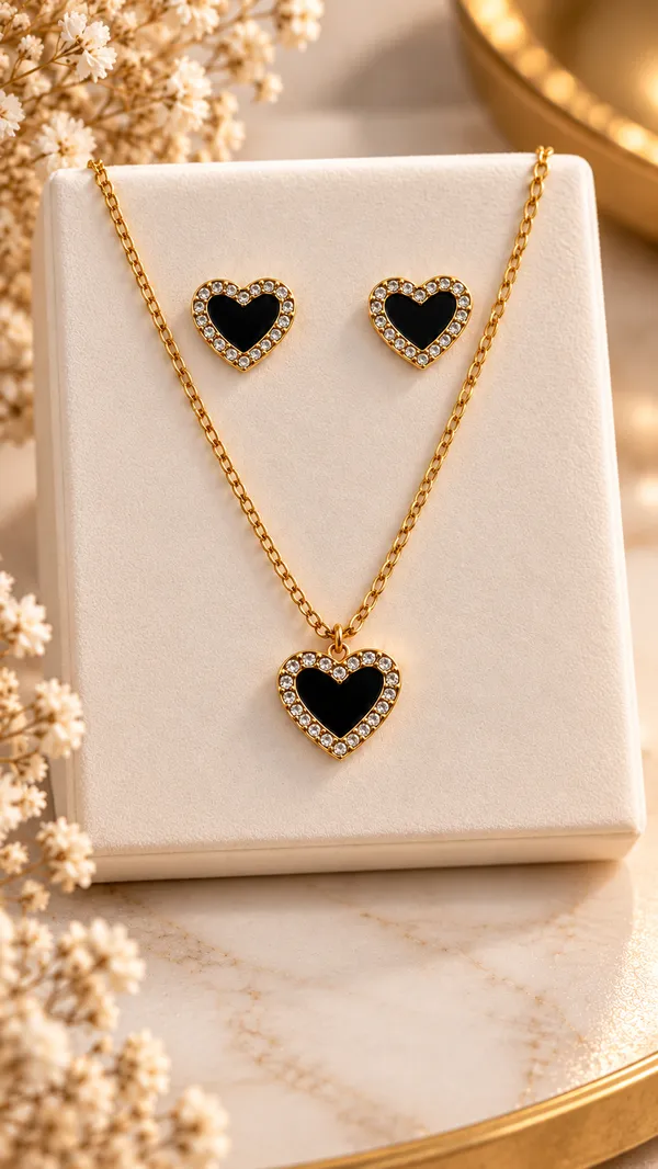 Conjunto Coração Preto Aço Dourado