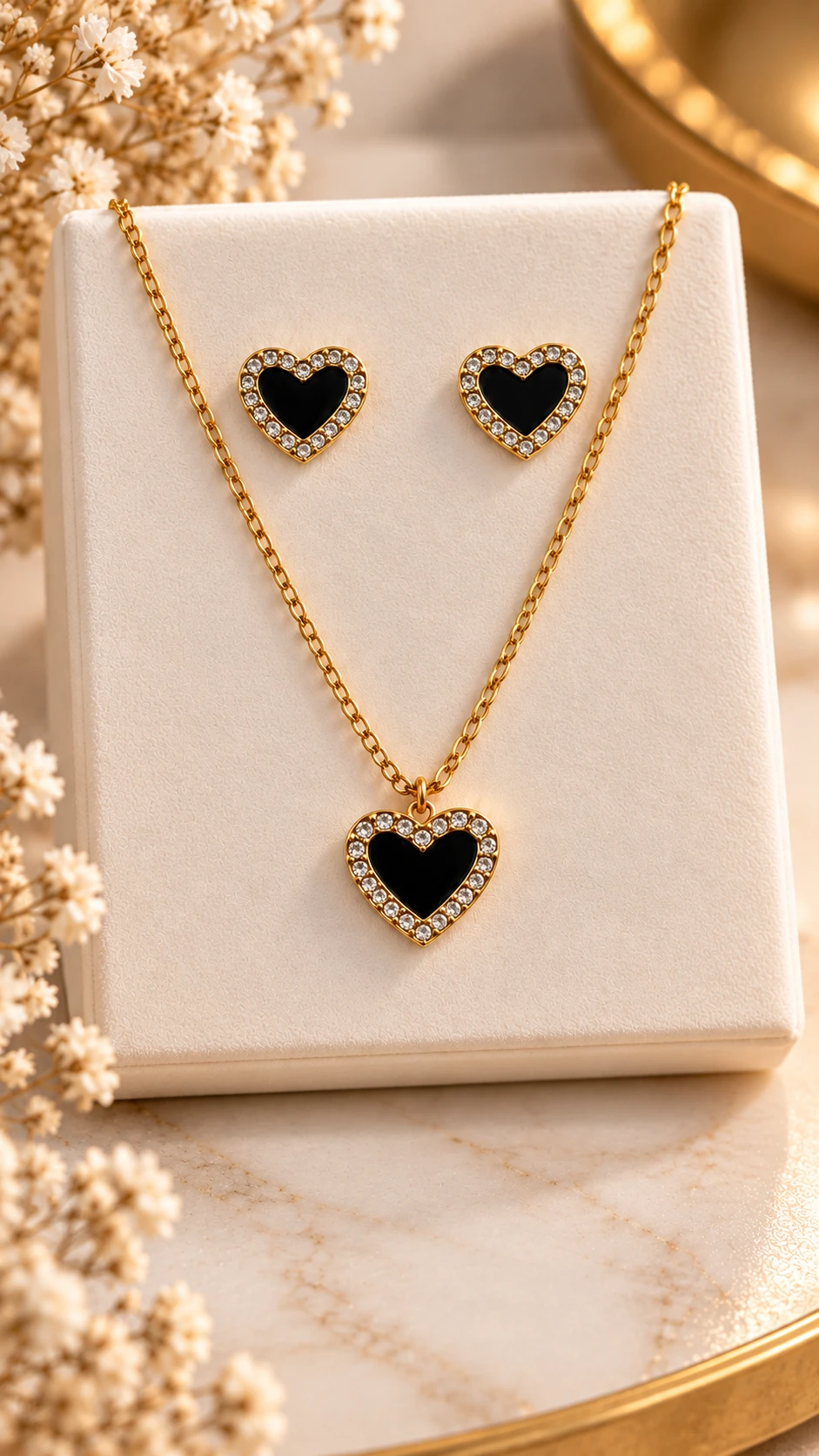Conjunto Coração Preto Aço Dourado - 1