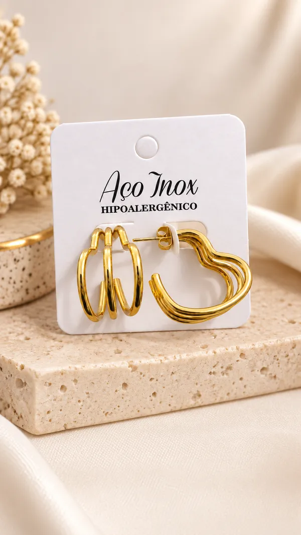 Argola Tripla Aço Dourado