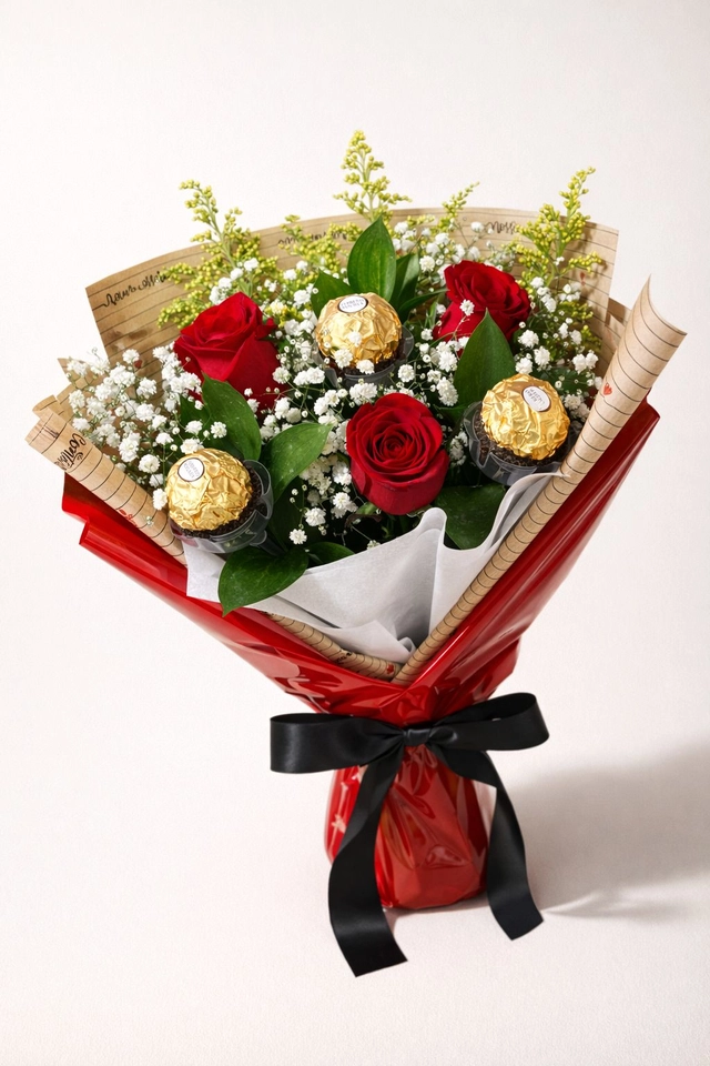 Buquê “Paixão” – com 3 Rosas vermelhas importadas + 3 Chocolates Ferrero Rocher (Médio)