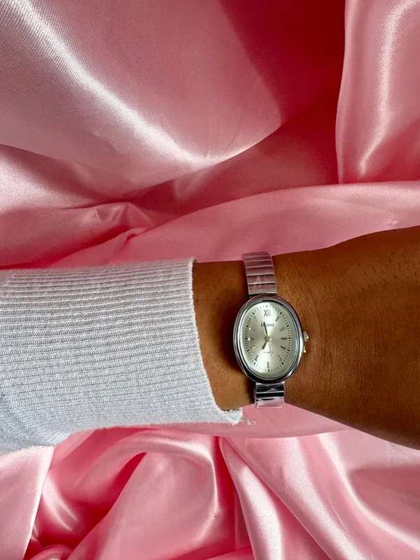 Relógio casio premium prata oval mini 