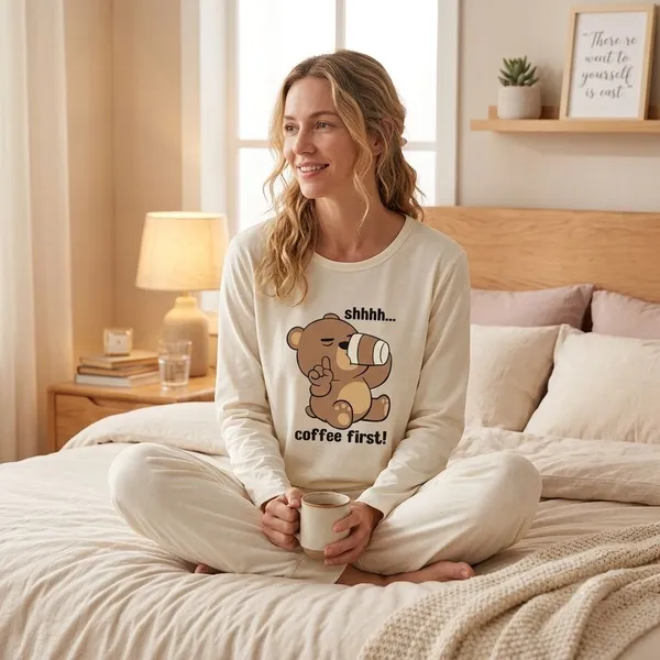 Pijama Feminino Bear Coffee em Algodão - imagem 1