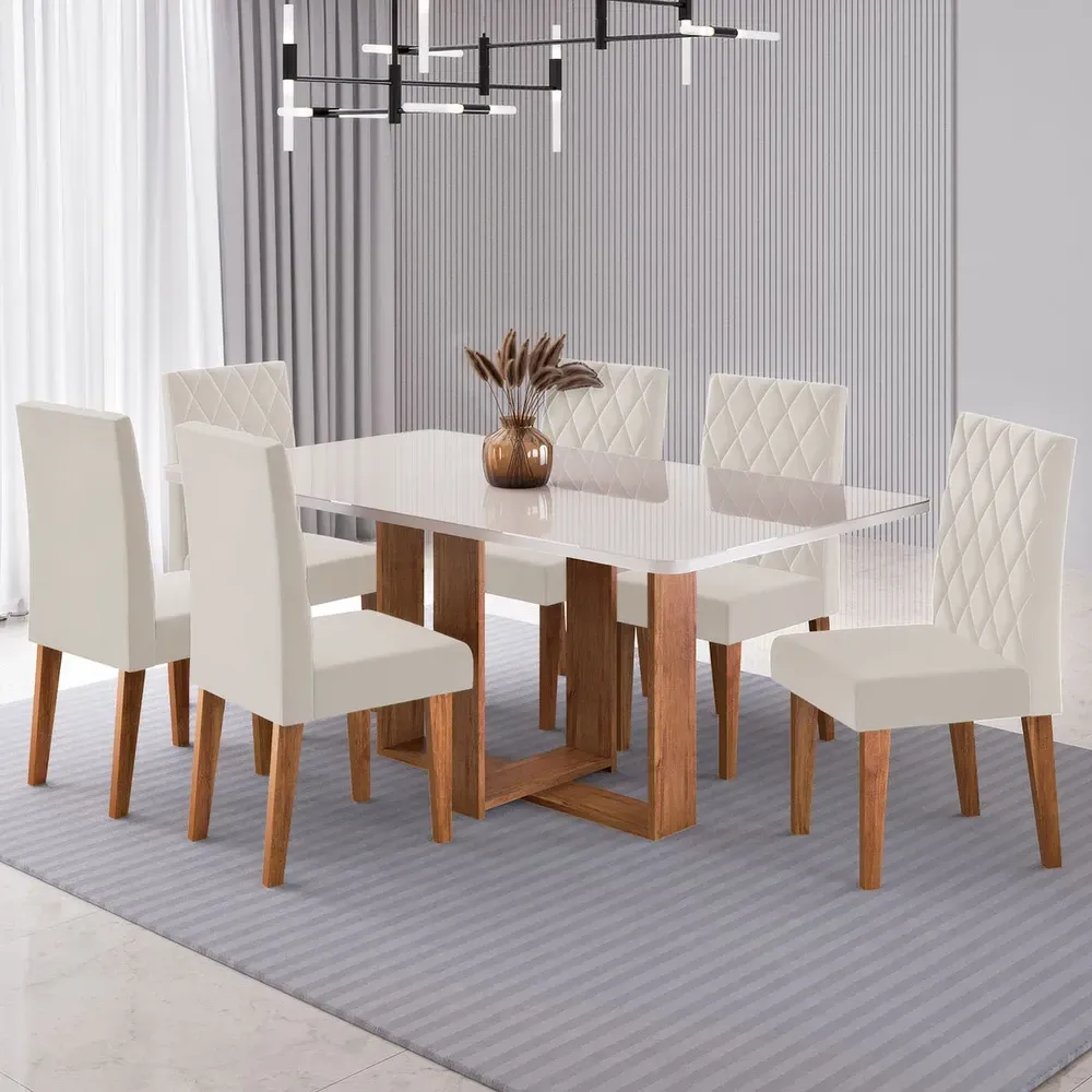 Mesa de Jantar 6 Cadeiras Afrodite com Vidro Mel / Off White / Veludo Pastel - Viero Móveis - 1