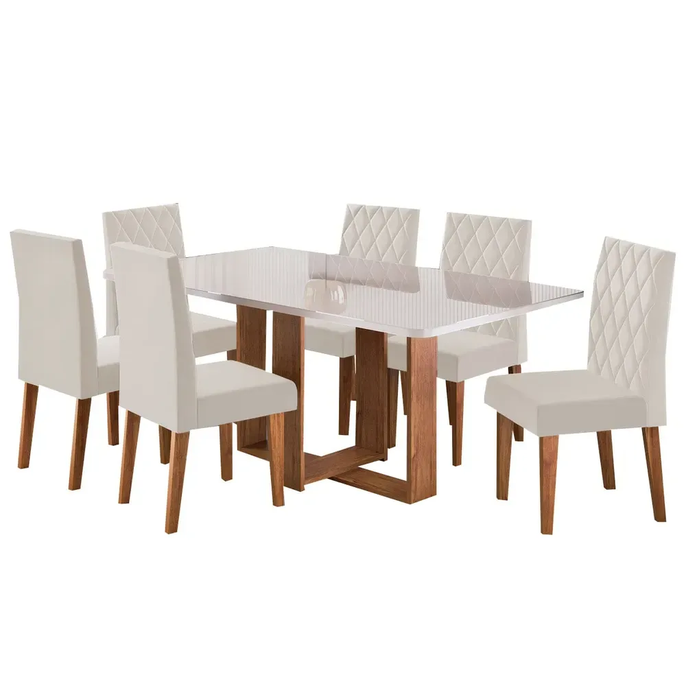 Mesa de Jantar 6 Cadeiras Afrodite com Vidro Mel / Off White / Veludo Pastel - Viero Móveis - 2