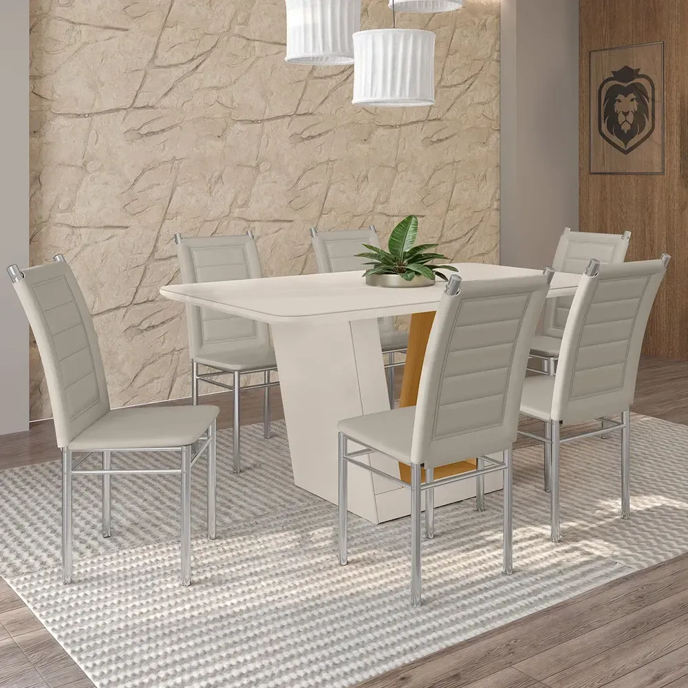 Mesa de Jantar 6 Cadeiras Viena Tokio com Vidro Cromado/Off White/Nature - Art Panta - 1