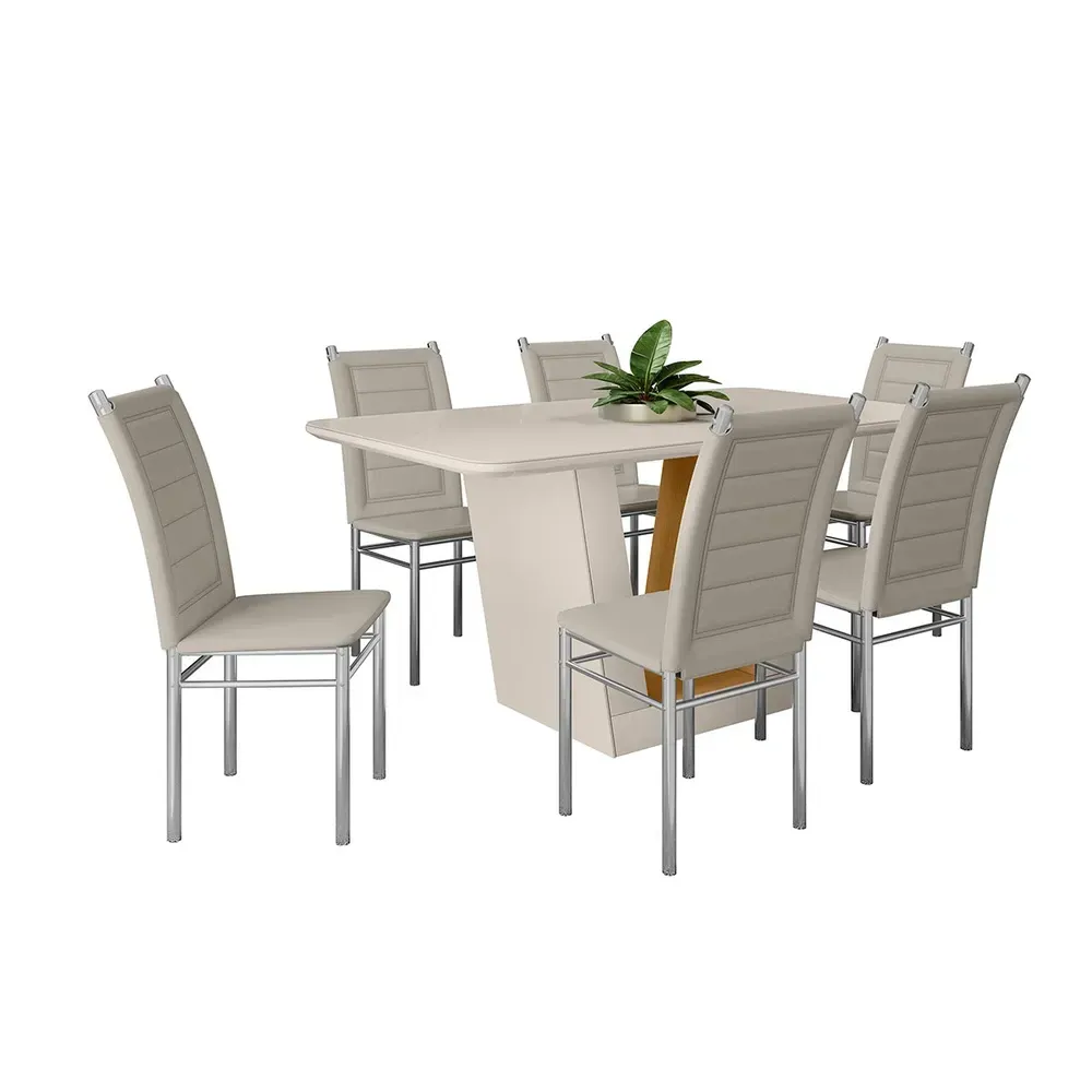 Mesa de Jantar 6 Cadeiras Viena Tokio com Vidro Cromado/Off White/Nature - Art Panta - 2