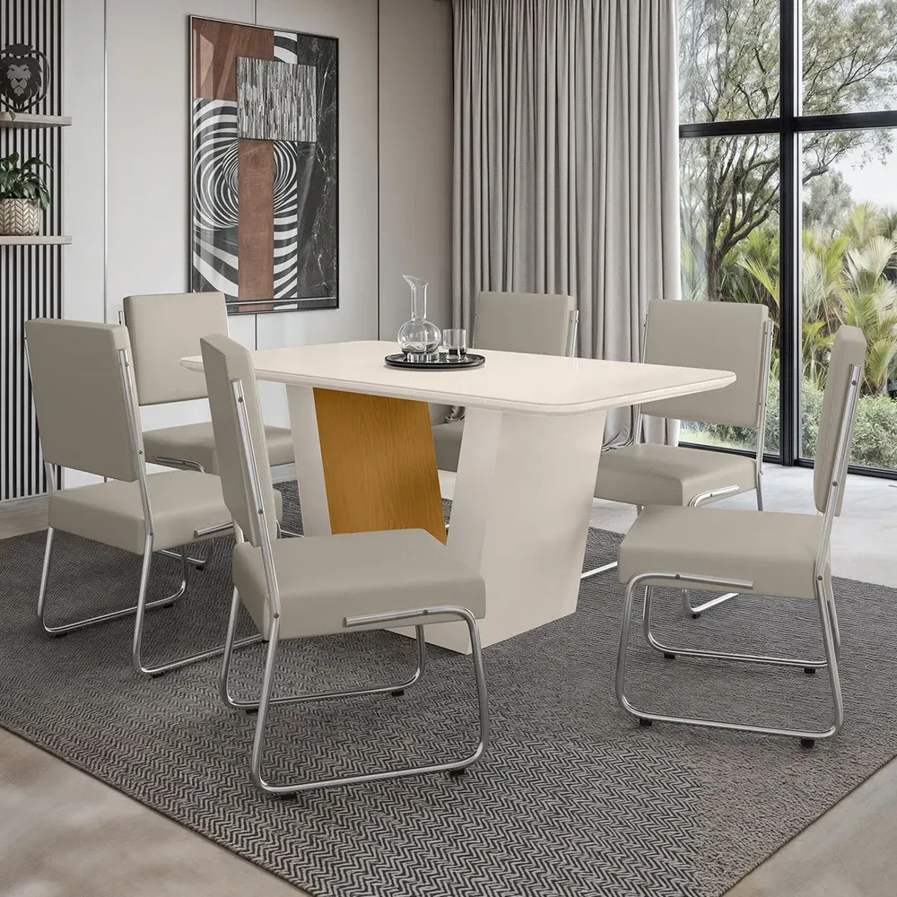Mesa de Jantar 6 Cadeiras Viena Monaco com Vidro Cromado/Nature/Off White - Art Panta - 1