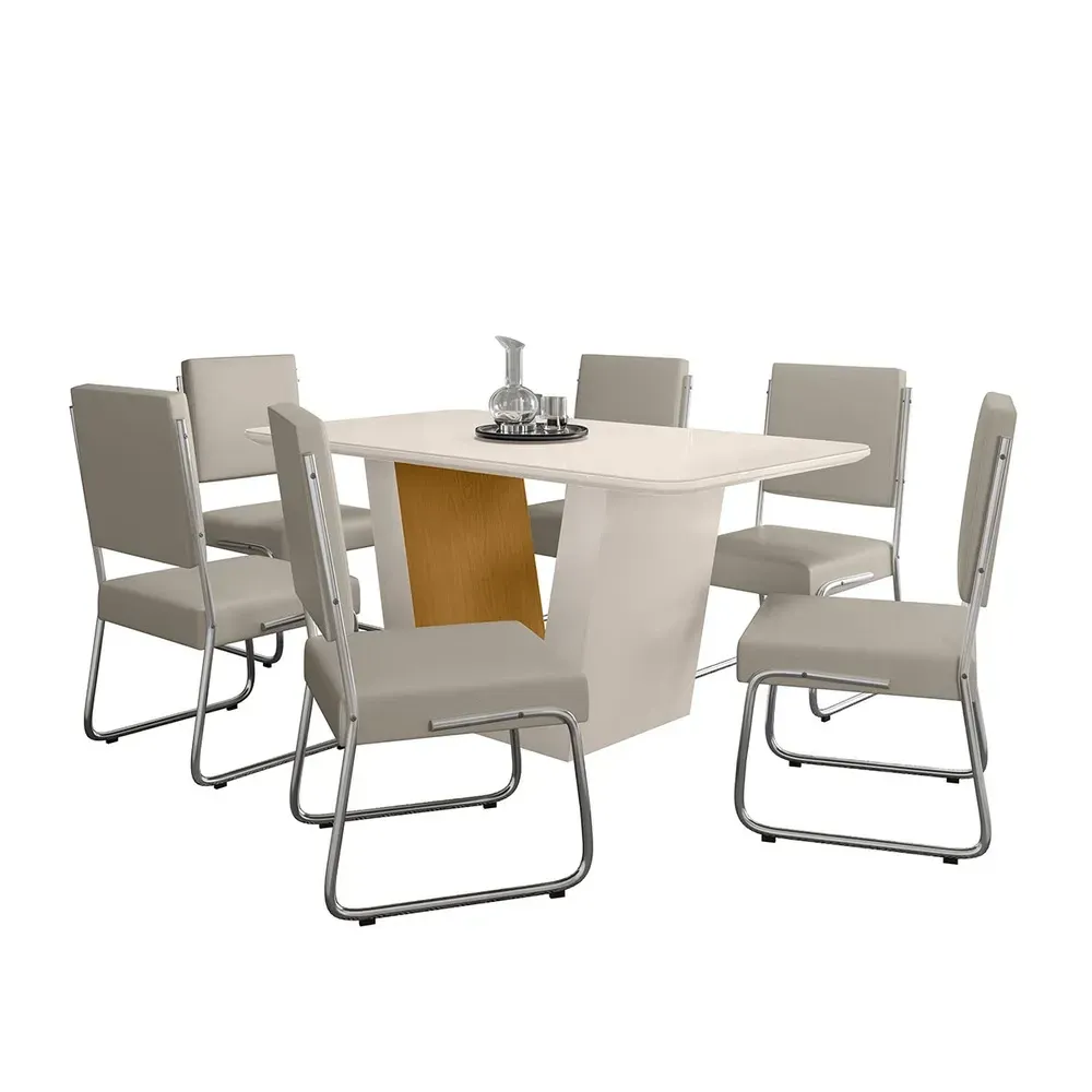 Mesa de Jantar 6 Cadeiras Viena Monaco com Vidro Cromado/Nature/Off White - Art Panta - 2