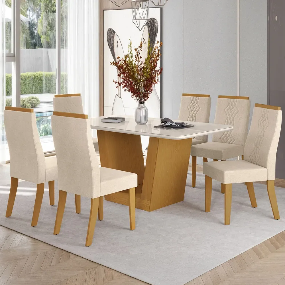 Mesa de Jantar 6 Cadeiras Viena Luna com Vidro Nature/Bege - Art Panta - 1