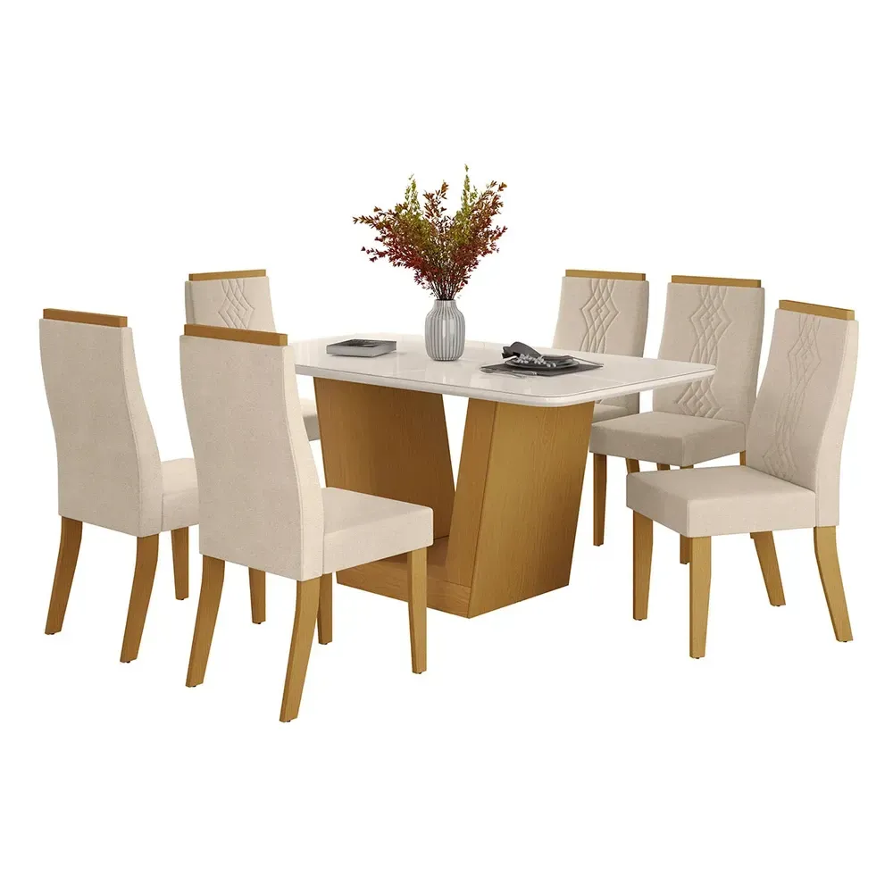 Mesa de Jantar 6 Cadeiras Viena Luna com Vidro Nature/Bege - Art Panta - 2