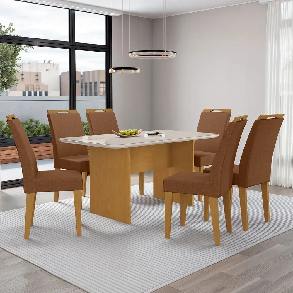Mesa de Jantar 6 Cadeiras Cairo Evora com Vidro Nature/Marrom - Art Panta - 1