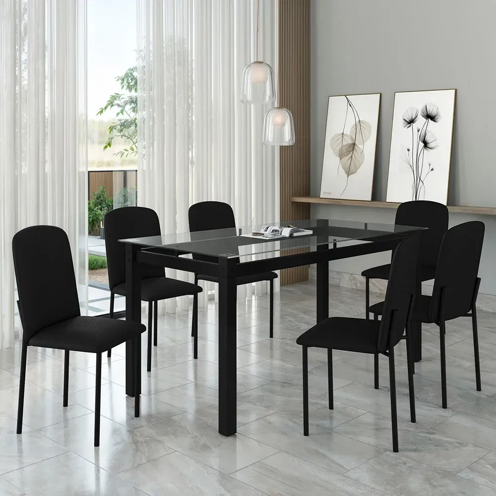 Mesa de Jantar 6 Cadeiras Tokio Classic com Tampo de Vidro Preto - Art Panta - 1