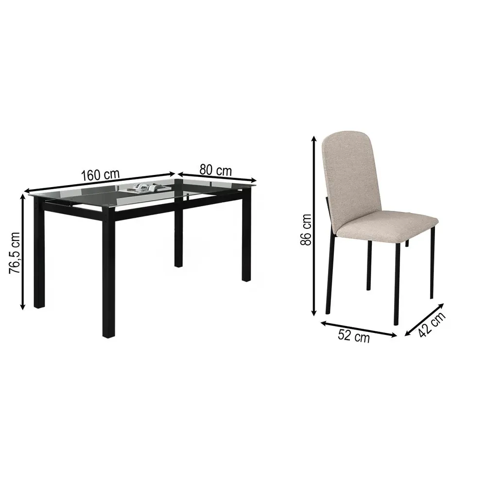 Mesa de Jantar 6 Cadeiras Tokio Classic com Tampo de Vidro Preto/Bege - Art Panta - 3