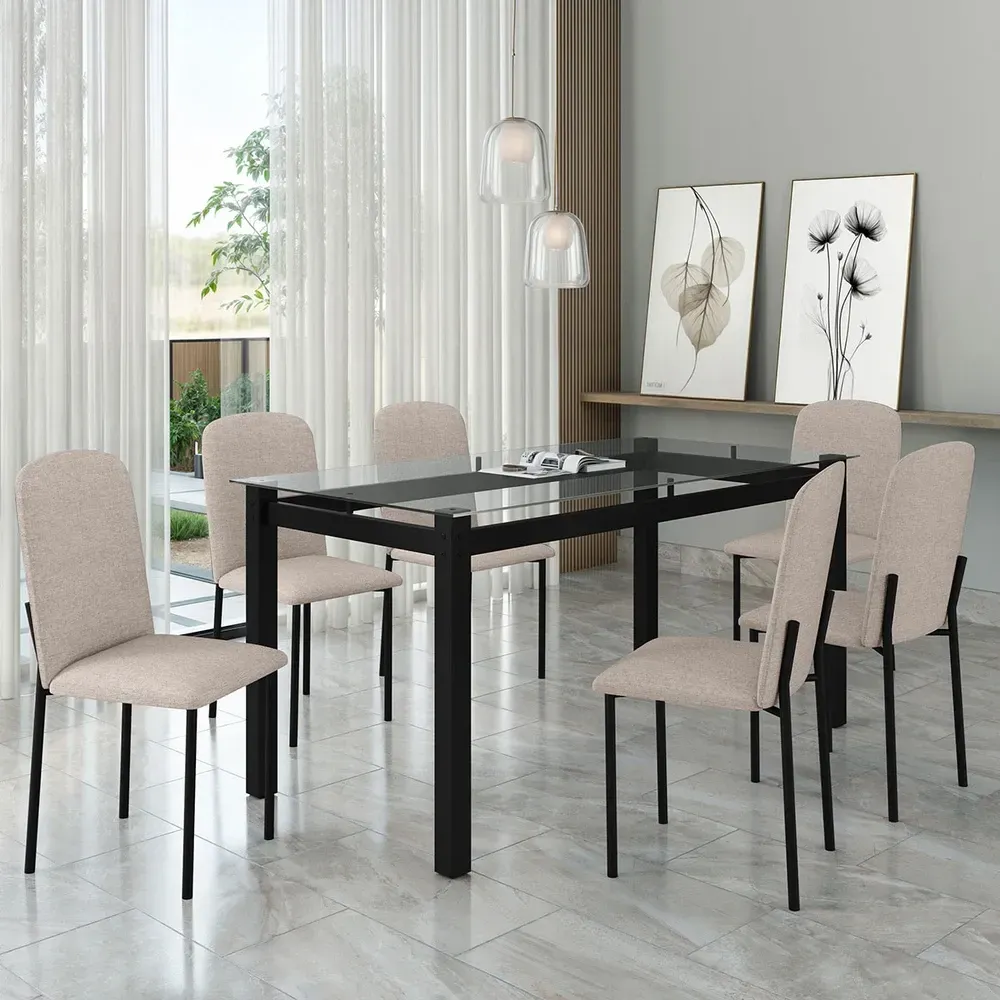 Mesa de Jantar 6 Cadeiras Tokio Classic com Tampo de Vidro Preto/Bege - Art Panta - 1