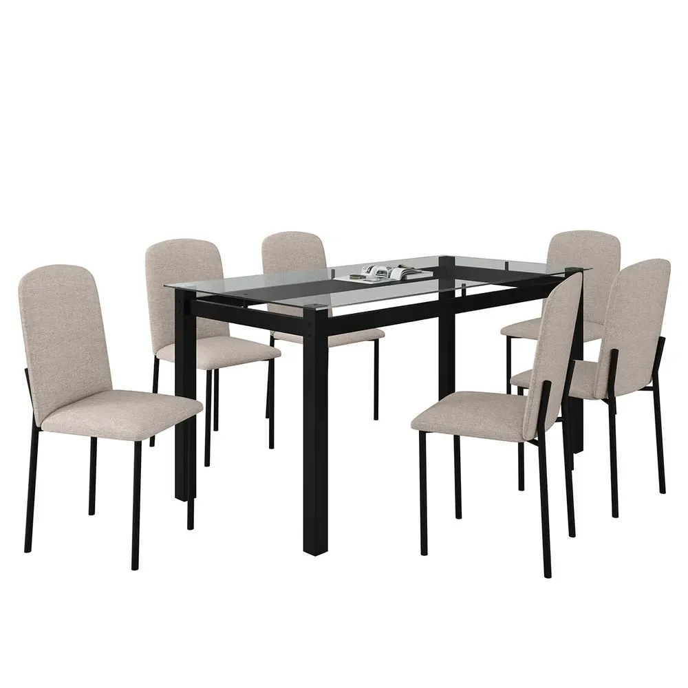 Mesa de Jantar 6 Cadeiras Tokio Classic com Tampo de Vidro Preto/Bege - Art Panta - 2