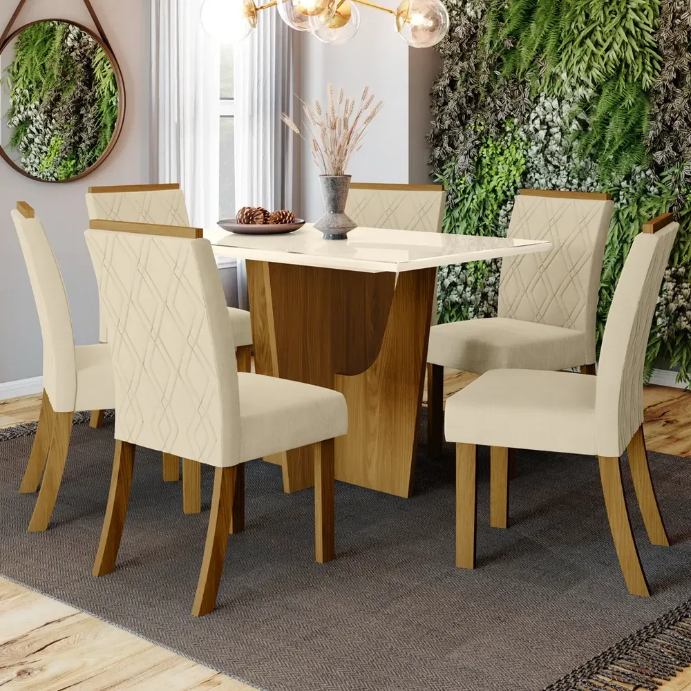Mesa de Jantar 6 Cadeiras Denise Nature/Off White/Linho - Bci Móveis - 1