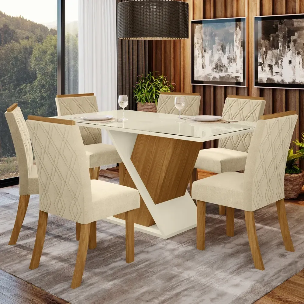 Mesa de Jantar 6 Cadeiras Carol Nature/Off White/Linho - Bci Móveis - 1