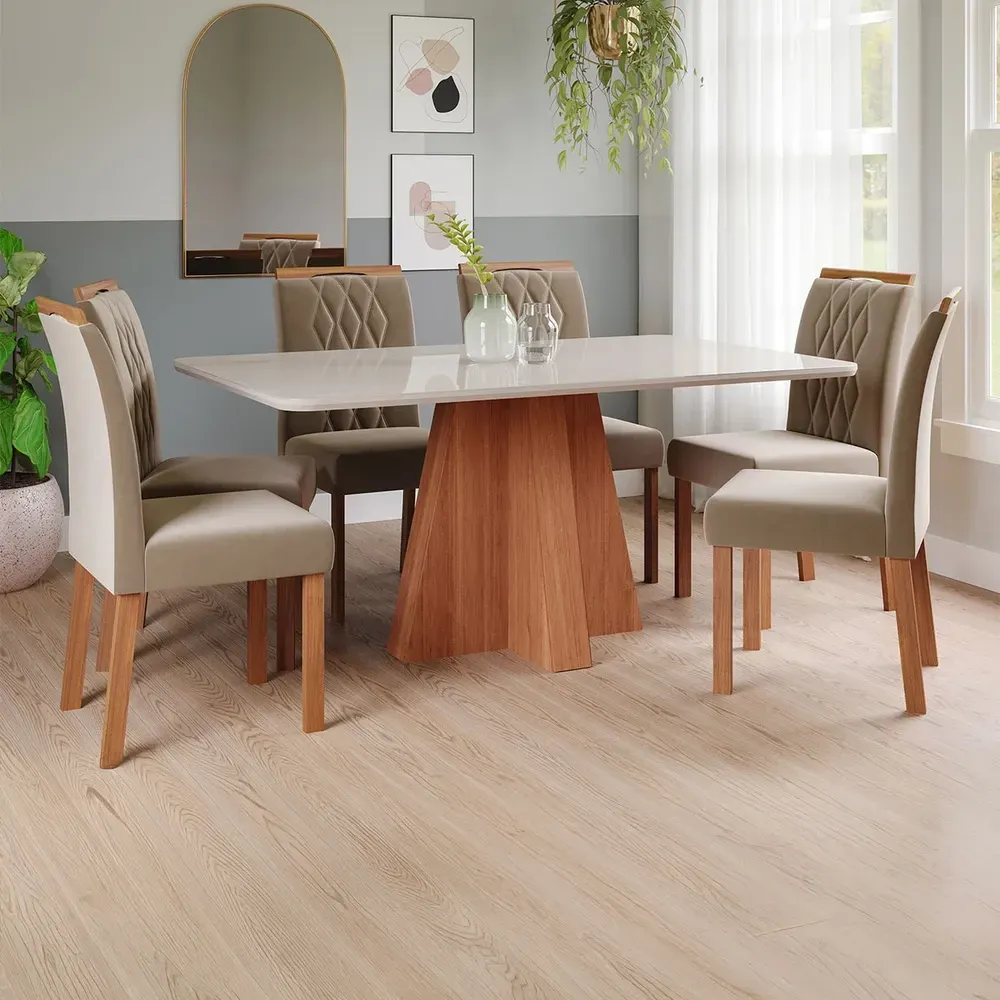 Mesa de Jantar 6 Cadeiras Maitê Juliana com Tampo de Vidro Cinamomo/Off White/Joli - Cimol - 1