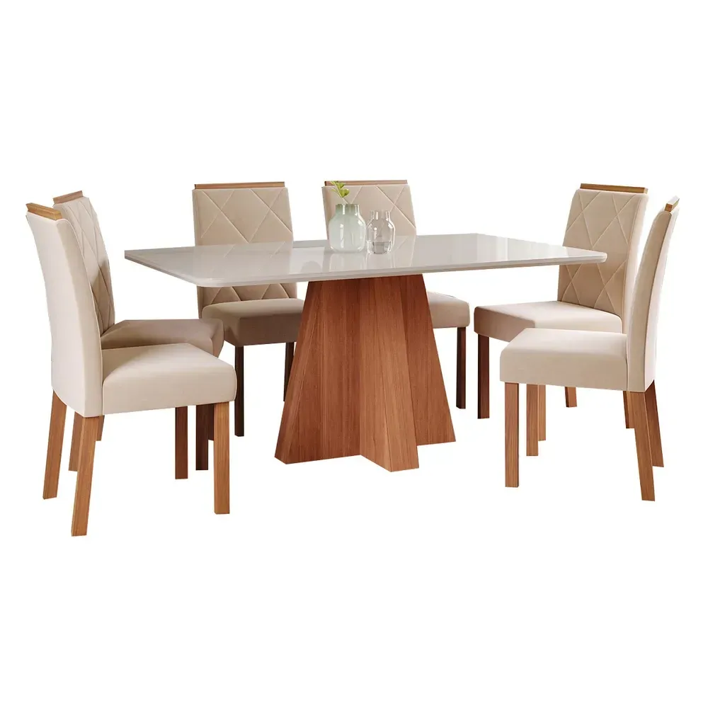 Mesa de Jantar 6 Cadeiras Maitê Fernanda com Tampo de Vidro Cinamomo/Off White/Nude - Cimol - 2