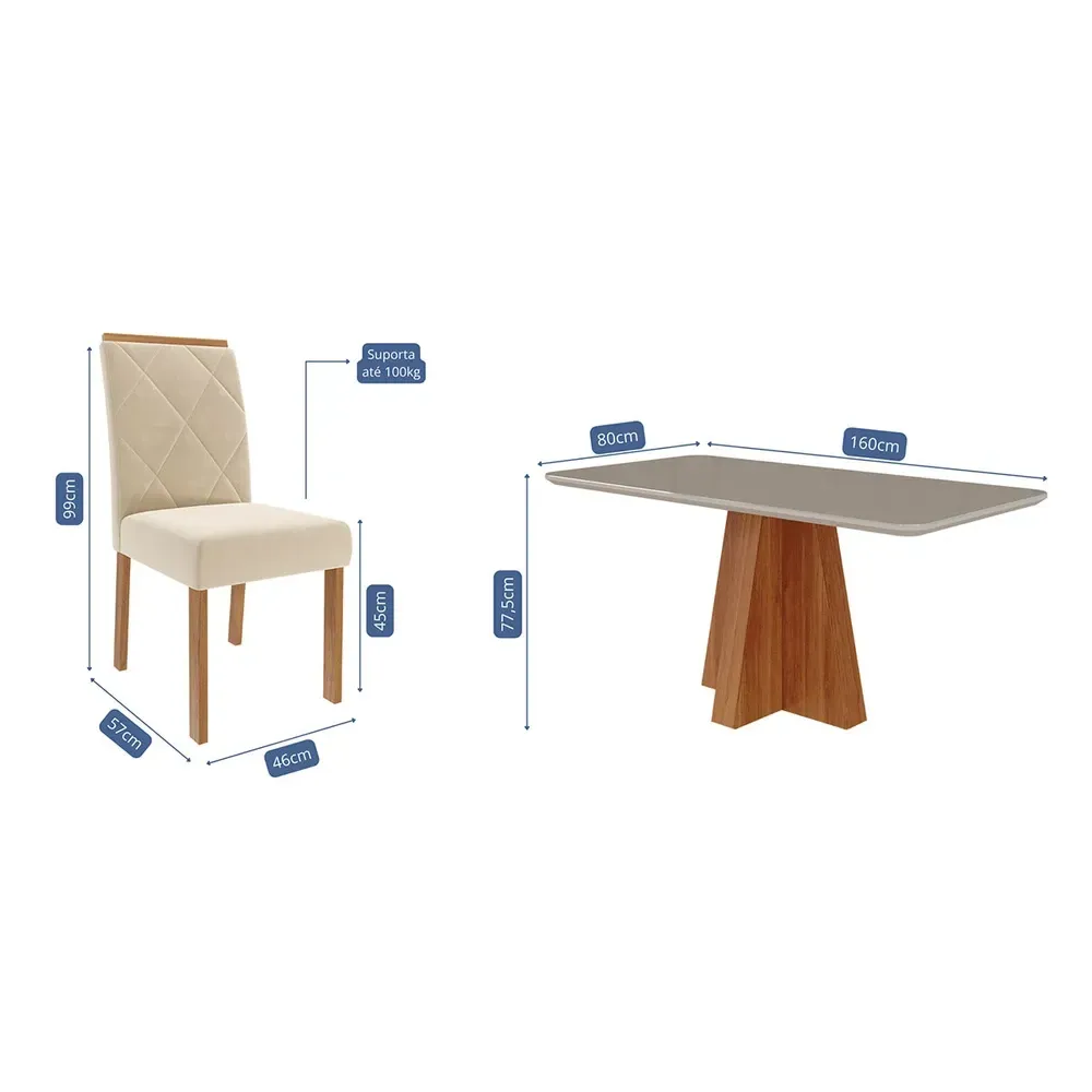 Mesa de Jantar 6 Cadeiras Maitê Fernanda com Tampo de Vidro Cinamomo/Off White/Nude - Cimol - 3
