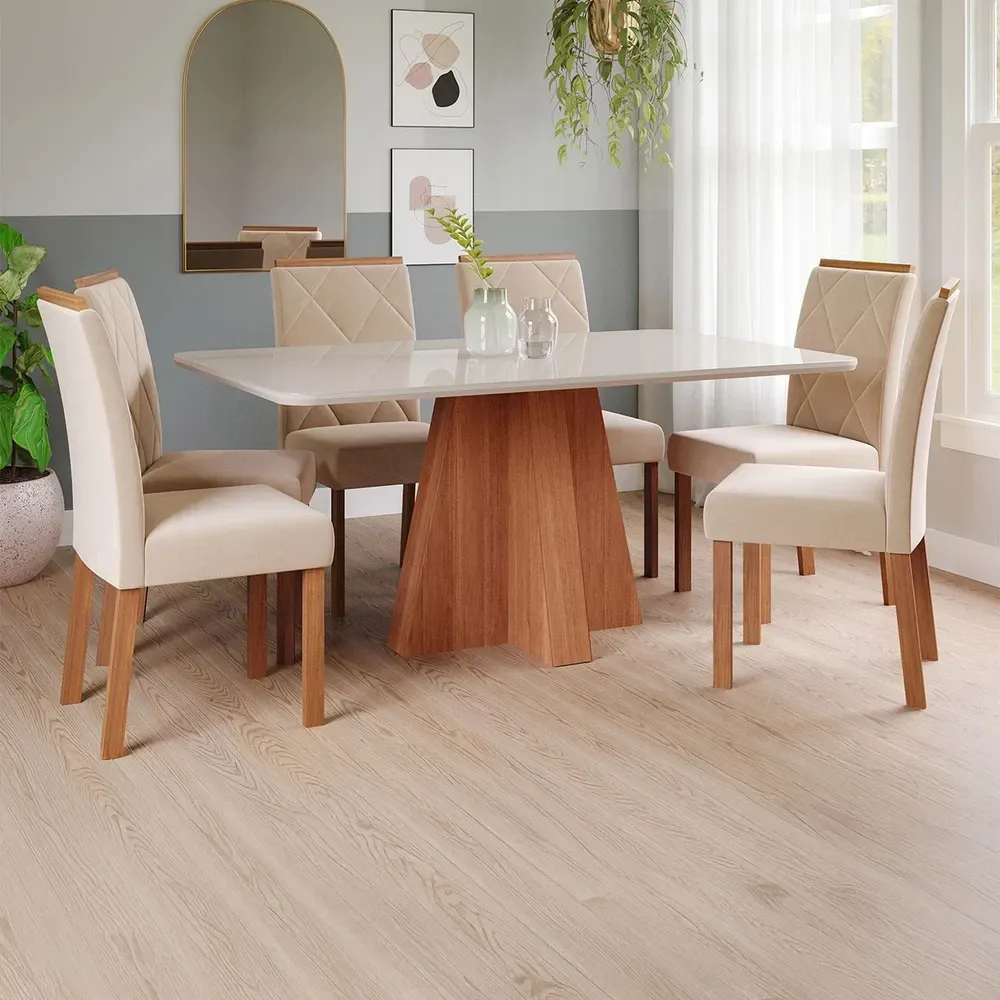 Mesa de Jantar 6 Cadeiras Maitê Fernanda com Tampo de Vidro Cinamomo/Off White/Nude - Cimol - 1
