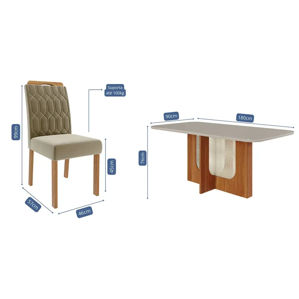 Mesa de Jantar 6 Cadeiras Louise Paola com Tampo de Vidro Cinamomo/Off White/Joli - Cimol - 3