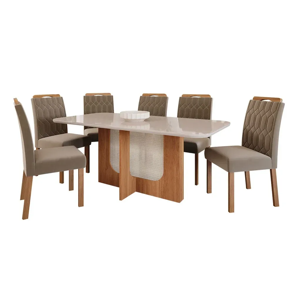 Mesa de Jantar 6 Cadeiras Louise Paola com Tampo de Vidro Cinamomo/Off White/Joli - Cimol - 2