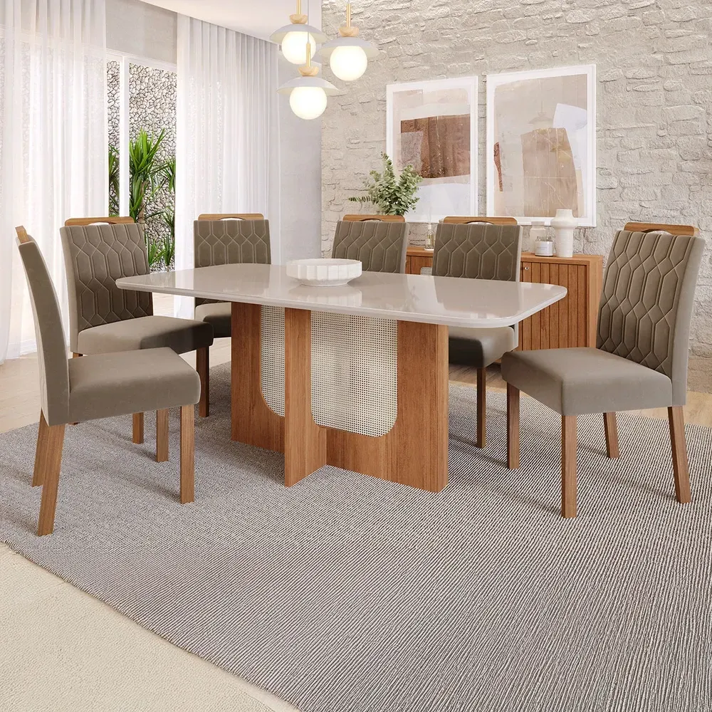 Mesa de Jantar 6 Cadeiras Louise Paola com Tampo de Vidro Cinamomo/Off White/Joli - Cimol - 1