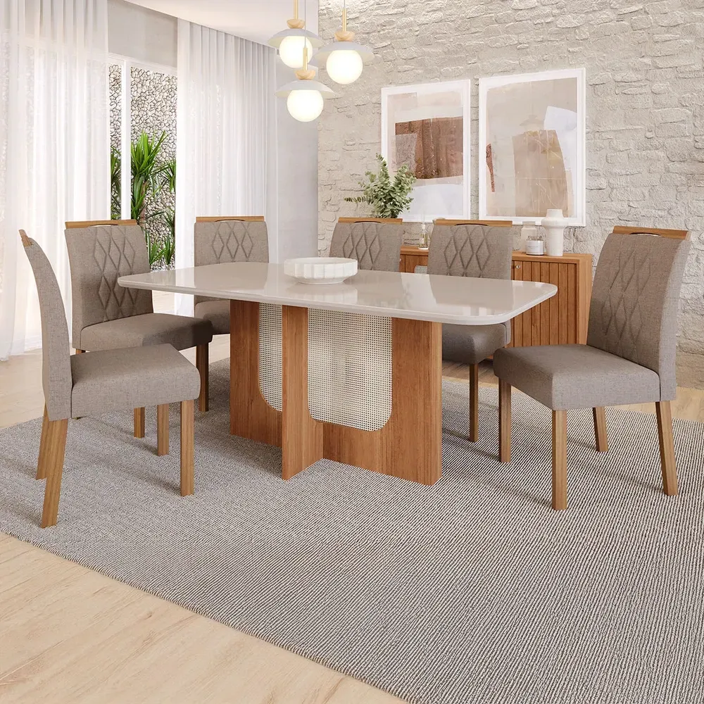 Mesa de Jantar 6 Cadeiras Louise Juliana com Tampo de Vidro Cinamomo/Off White/Bege - Cimol - 1
