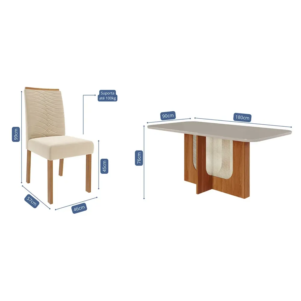 Mesa de Jantar 6 Cadeiras Louise Clarice com Tampo de Vidro Cinamomo/Off White/Nude - Cimol - 3