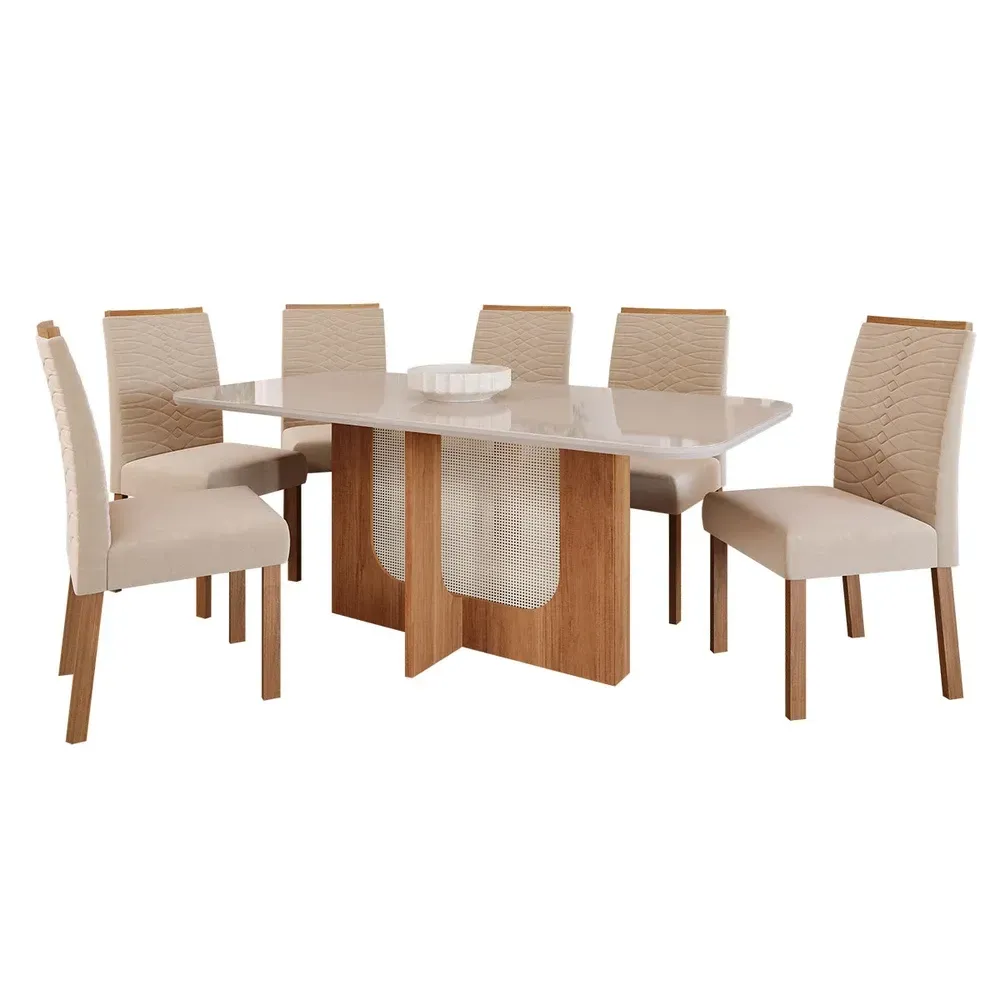 Mesa de Jantar 6 Cadeiras Louise Clarice com Tampo de Vidro Cinamomo/Off White/Nude - Cimol - 2