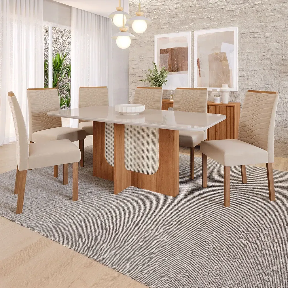 Mesa de Jantar 6 Cadeiras Louise Clarice com Tampo de Vidro Cinamomo/Off White/Nude - Cimol - 1