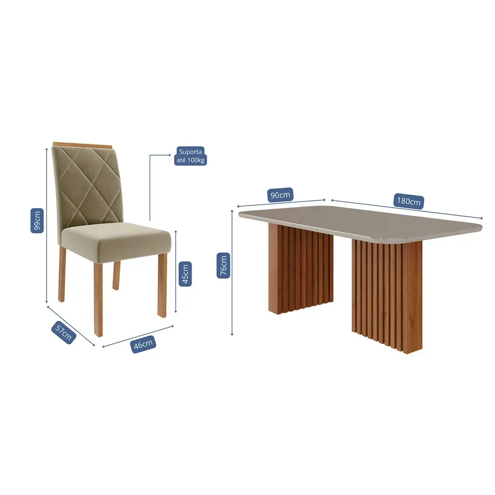 Mesa de Jantar 6 Cadeiras Ester Fernanda com Tampo de Vidro Ripado Cinamomo/Off White/Joli - Cimol - 3