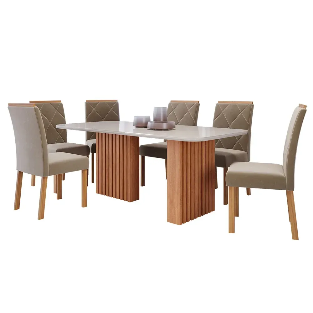 Mesa de Jantar 6 Cadeiras Ester Fernanda com Tampo de Vidro Ripado Cinamomo/Off White/Joli - Cimol - 2