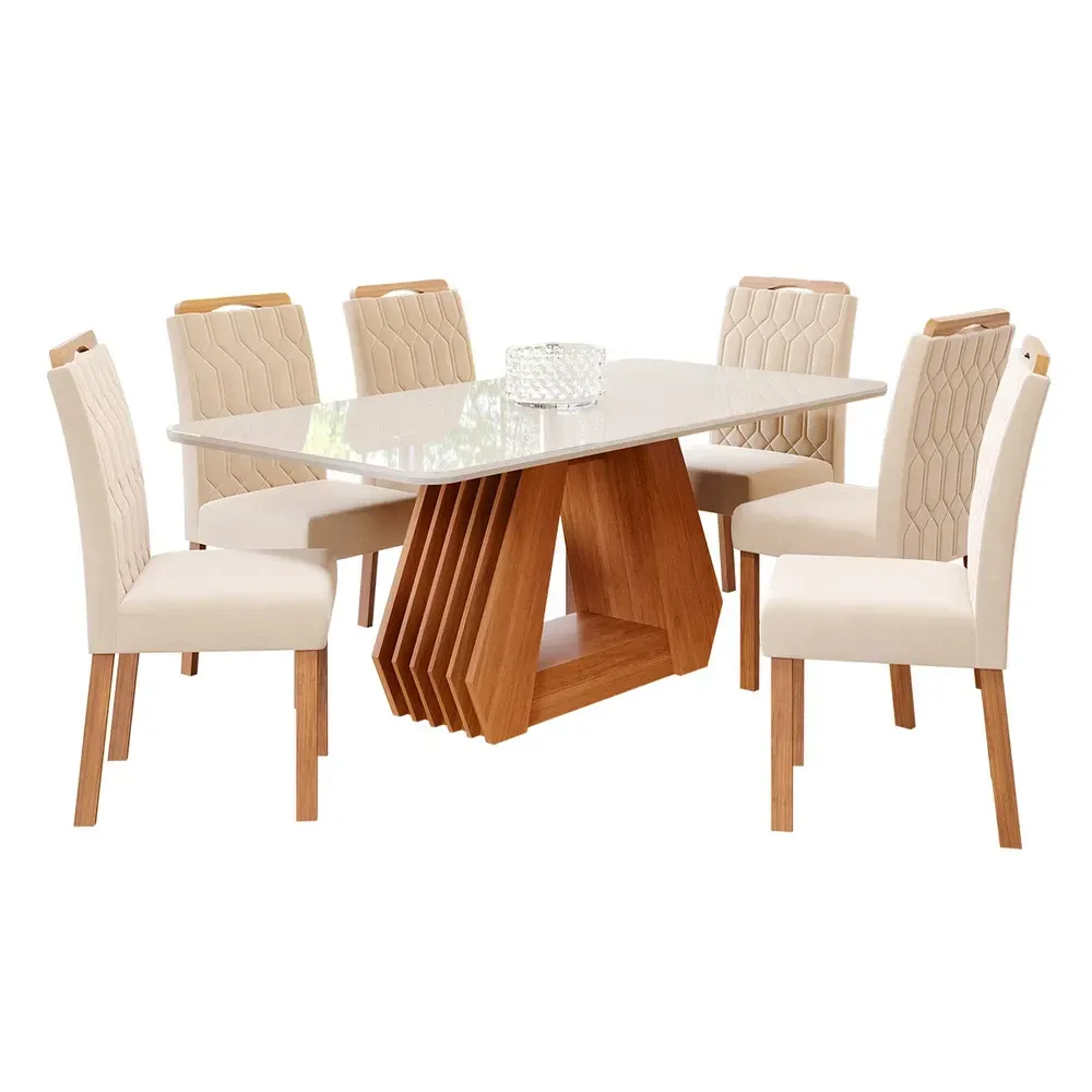 Mesa de Jantar 6 Cadeiras Ágata Paola com Tampo de Vidro Cinamomo/Off White/Nude - Cimol - 2