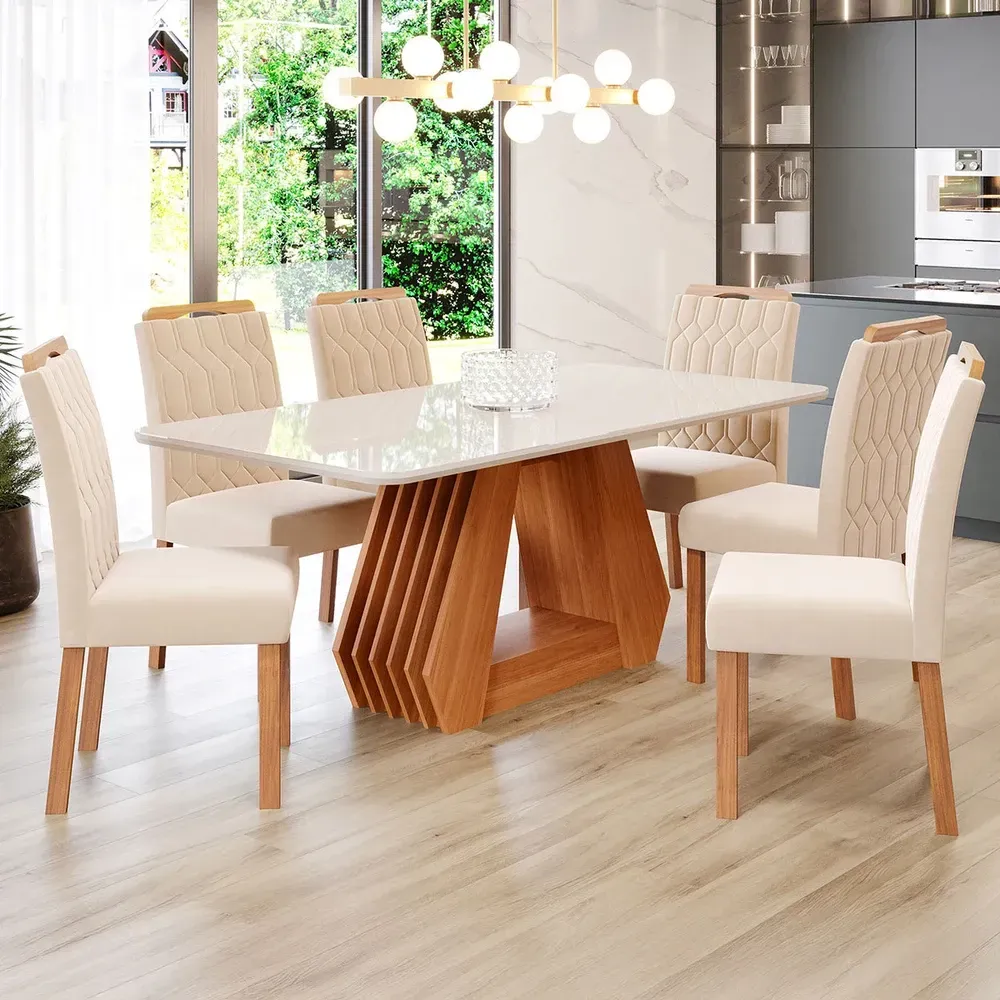 Mesa de Jantar 6 Cadeiras Ágata Paola com Tampo de Vidro Cinamomo/Off White/Nude - Cimol - 1