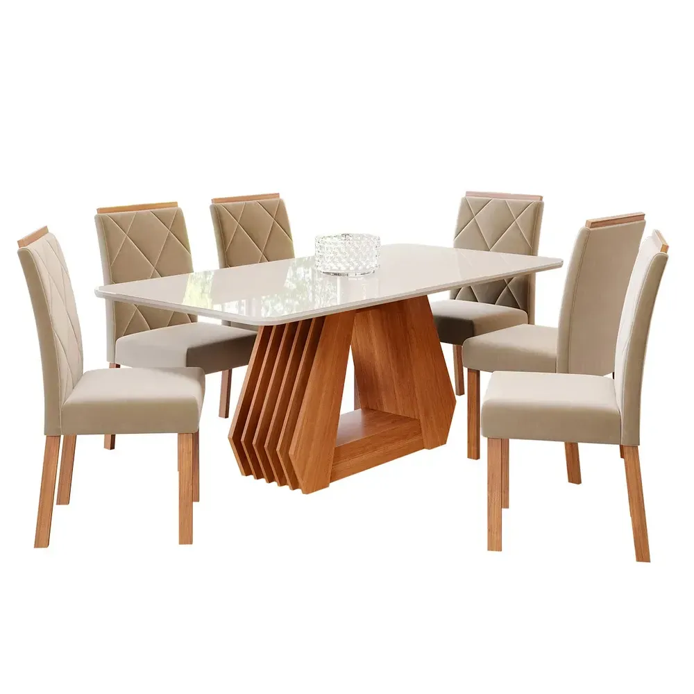 Mesa de Jantar 6 Cadeiras Ágata Fernanda com Tampo de Vidro Cinamomo/Off White/Joli - Cimol - 2
