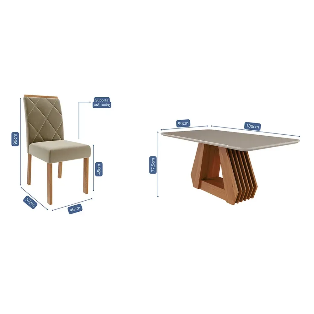 Mesa de Jantar 6 Cadeiras Ágata Fernanda com Tampo de Vidro Cinamomo/Off White/Joli - Cimol - 3