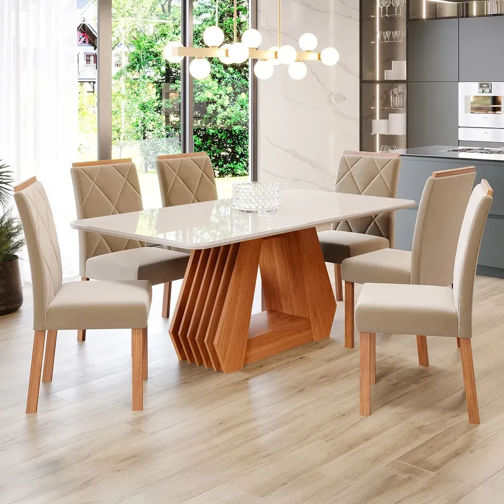 Mesa de Jantar 6 Cadeiras Ágata Fernanda com Tampo de Vidro Cinamomo/Off White/Joli - Cimol - 1