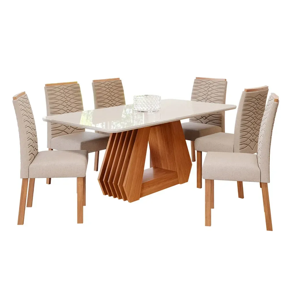 Mesa de Jantar 6 Cadeiras Ágata Clarice com Tampo de Vidro Cinamomo/Off White/Bege - Cimol - 2