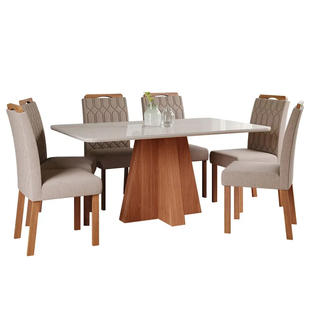 Mesa de Jantar 6 Cadeiras Maitê Paola com Tampo de Vidro Cinamomo/Off White/Bege - Cimol - 2